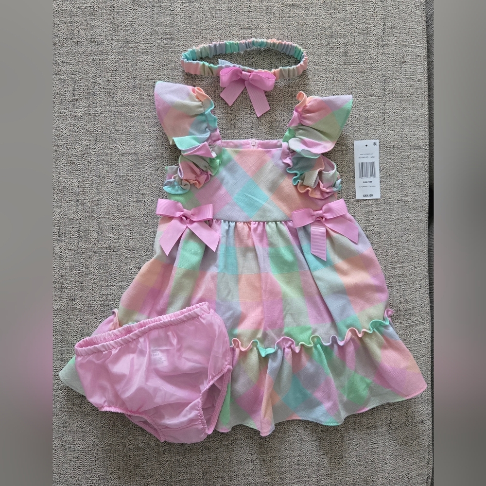 Bonnie Baby Pastel Plaid Ruffle Sleeve Multi Colir Dress w/cover & Headband 18M